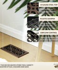 Metal Scroll Floor Vent Cover 4x12 Inch With Adjustable Damper Lever Rubbed Bronze Finish and airflow control display