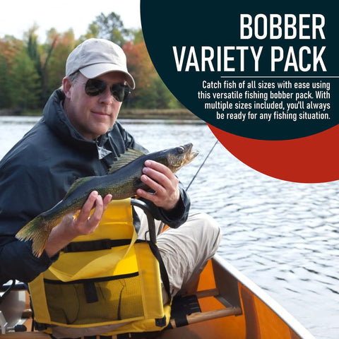 Fisherman holding fish in canoe with Ultimate Fishing Bobber Assortment Pack With Snap On Style Red And White Bobbers