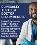Clinically proven prostate support for men with urinary tract and bladder comfort promotional image with doctor
