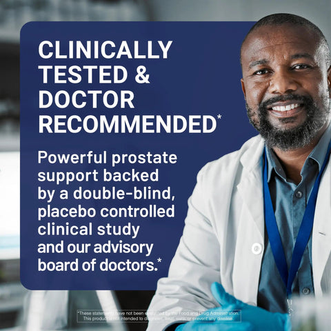 Clinically proven prostate support for men with urinary tract and bladder comfort promotional image with doctor