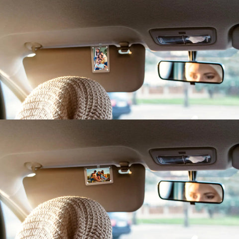 Clear Acrylic Sun Visor Photo Holder Clip For Cars Universal Magnetic Photo Clip For Easy Personalization And Fun Car Decor Transparent 2.4x3.5 Inch Photo Display in use