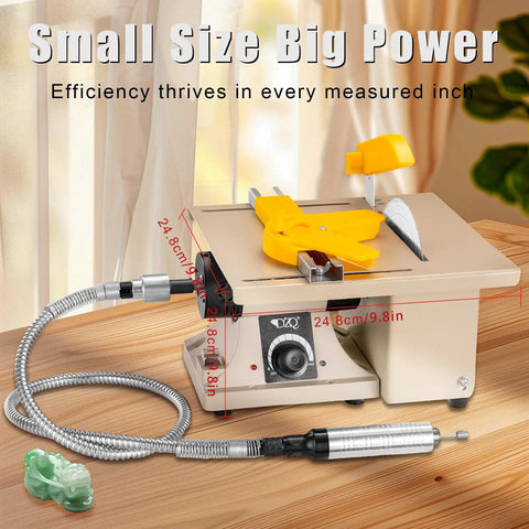 Do-It-All 69-Piece Jewelry Making Polisher Kit With Flex Shaft Mini Table Saw shown on wooden workspace