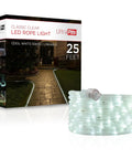 Product box of Versatile 25ft LED Rope Lights With Cool White 5000K Indoor Outdoor Flexible Linkable Durable Clear Rope Lighting For Decks Patios Stairs And Dope Ambience Easy Install alongside coiled light.