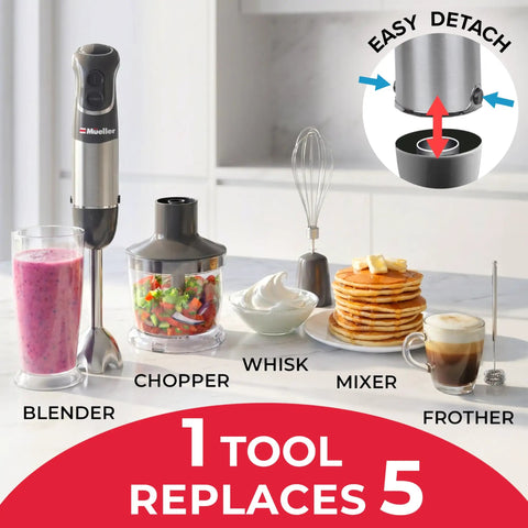 Boss 5 In 1 Immersion Hand Blender Set With 800W Copper Motor And Titanium Reinforced Blades, showing various attachments.