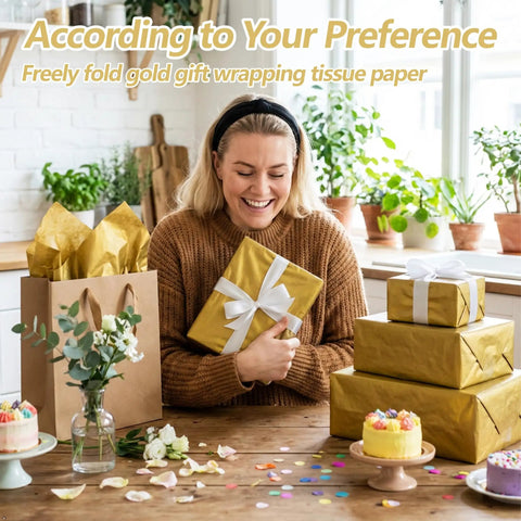 Woman holding gift wrapped with gold metallic tissue paper pack 100 sheets 14 by 20 inches for gift bags and wrapping.