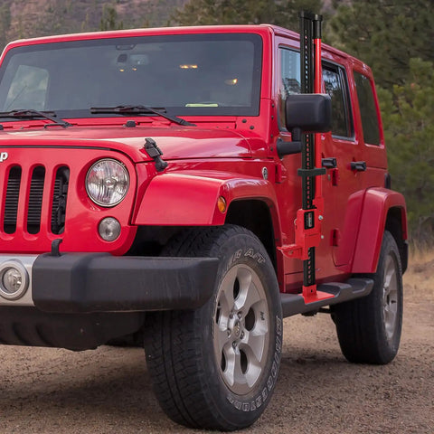 Rust-Resistant Hi-Lift Jack Handle Keeper Accessory Upgrade Bar Protector attached to red Jeep, keeping handle secure during transport.