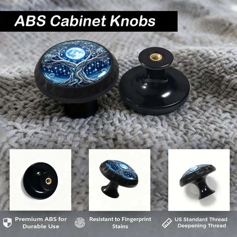 Blue Tree Of Life Cabinet Knobs 4 Pack For Kitchen And Bathroom With Celestial Moon Night Sky Glass Finish shown on fabric