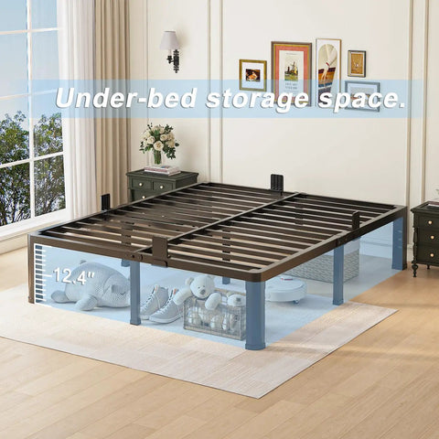 Full Size Metal Platform Bed Frame Standing 14 Inches Tall With Reinforced Steel Slats Built Legit Heavy Duty with storage space.
