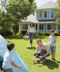 Family setting up a tent using 9 Inch Metal Tent Stakes Set 30 Pack Heavy Duty Galvanized Ground Anchors For Inflatables And Outdoor Decor Durable Tent Pegs With Large Non Slip Grip For Easy Insertion in garden.