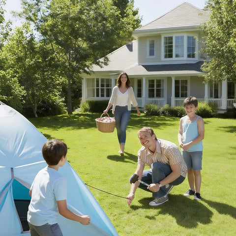 Family setting up a tent using 9 Inch Metal Tent Stakes Set 30 Pack Heavy Duty Galvanized Ground Anchors For Inflatables And Outdoor Decor Durable Tent Pegs With Large Non Slip Grip For Easy Insertion in garden.