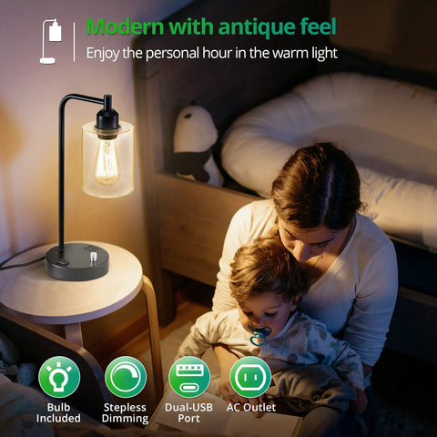 Industrial Table Lamps Set Of 2 With USB Ports And AC Outlet Fully Dimmable Bedside Lamps With Glass Shade For Bedroom