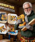 Heavy Duty Cordless Two In One Brad Nailer And Stapler Set For Woodworking And Trim Work in use by carpenter holding wood.