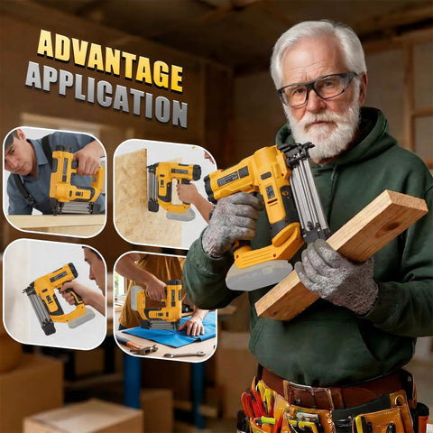 Heavy Duty Cordless Two In One Brad Nailer And Stapler Set For Woodworking And Trim Work in use by carpenter holding wood.