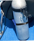 Neoprene Scuba Tank Belt With Secure Hold For Dive Gear Grab And Go Comfort Tank Holder Strap attached to a scuba tank.