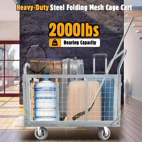6-In-1 Foldable Flatbed Cart With Cage, Heavy-Duty Platform Truck And Dolly, Swivel Wheels, 2000 Pound Capacity, Multi-Purpose Hand Cart For Grocery, Laundry, Storage, Stall And More, Built Tough For Everyday Hauling; steel mesh cage loaded with luggage, water jug, and rackets