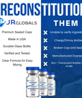 Three Reconstitution Solution glass vials with blue caps; Lab Grade H2O, JR Globals branding.