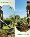 Two images of 60 Inch Wooden Handle 2 In 1 Weed Uprooting Tool With 7 Tooth Garden Hoe for easy weeding and soil loosening.