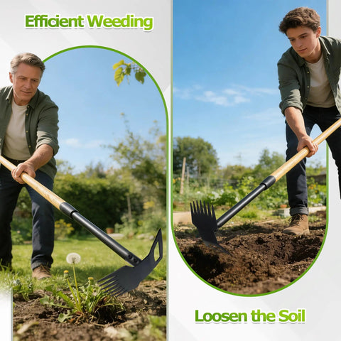 Two images of 60 Inch Wooden Handle 2 In 1 Weed Uprooting Tool With 7 Tooth Garden Hoe for easy weeding and soil loosening.