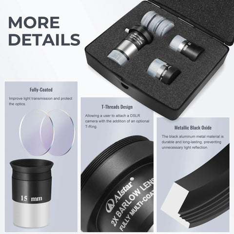 Beginner Telescope Accessory Kit With 8 Pieces Featuring Fully Coated Eyepieces in carry case and close-up product details