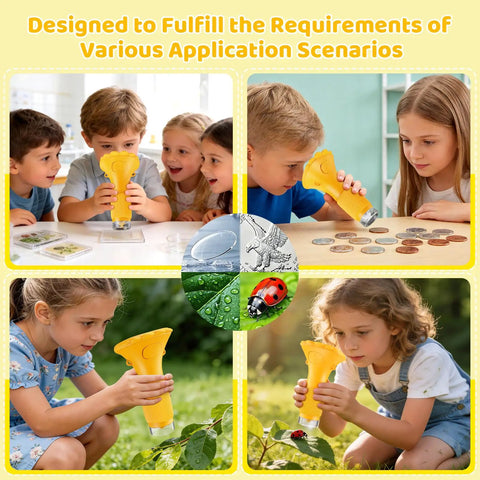 1000X Portable Microscope For Kids With 2 Inch Digital Screen Photo And Video Miniscope Pocket Microscope Gift For Boys And Girls 3-12 Years Old Cool Kid Friendly Three Level Adjustable LED Light Easy To Use STEM Toy, yellow handheld model with kids