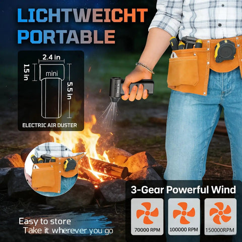 Person holding Electric Air Duster Turbo 150000 RPM With Three Gear Adjustable Mini Blower near campfire, showing portability.