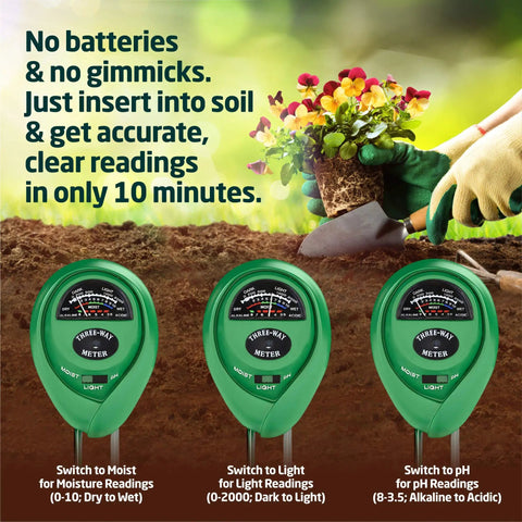 3 In 1 Soil Moisture PH Light Meter For Indoor Outdoor Use No Battery Needed Hygrometer Water Meter next to potted plant