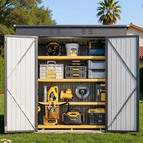 Open Large Capacity 6 Foot By 4 Foot Outdoor Storage Shed With Double Lockable Doors, organized tools, and durable steel construction