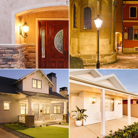 Plug And Play Outdoor Dusk To Dawn LED Bulbs With Built In Photocell Sensor No Wiring Or Timer Required installed on various buildings