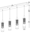 Line drawing of Dope Glam 4-Branch LED Pendant Light with 71-inch adjustable height, glass fixture, four LED bulbs, dimmable.