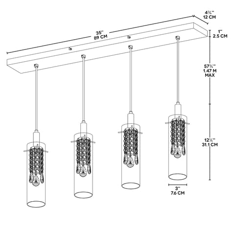 Line drawing of Dope Glam 4-Branch LED Pendant Light with 71-inch adjustable height, glass fixture, four LED bulbs, dimmable.