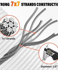 Straight Up Heavy Duty 1/8 Inch Stainless Steel Cable Kit Includes 100 Feet Wire Rope with 7x7 strand construction detail.