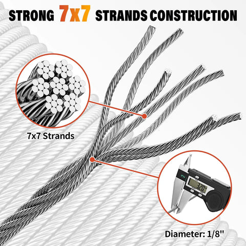 Straight Up Heavy Duty 1/8 Inch Stainless Steel Cable Kit Includes 100 Feet Wire Rope with 7x7 strand construction detail.