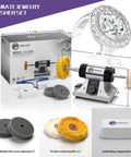 Jewelry Polisher With Adjustable Variable Speed Bench Grinder Polishing And Buffing Machine For Jewelry Making, Dental Buffer And Lathe, Includes 2 Cloth Wheels, 2 Abrasive Fiber Wheels, Safety Glass, Pro Grade Polish Compound displayed next to packaging and extra wheels.