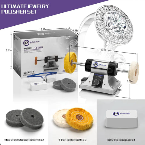 Jewelry Polisher With Adjustable Variable Speed Bench Grinder Polishing And Buffing Machine For Jewelry Making, Dental Buffer And Lathe, Includes 2 Cloth Wheels, 2 Abrasive Fiber Wheels, Safety Glass, Pro Grade Polish Compound displayed next to packaging and extra wheels.