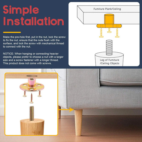 Rock Solid M10 Brad Hole Tee Nuts With Heavy Duty Carbon Steel T Nuts Flange Inserts And Matching Screws For Serious Round Base Mounting Hardware Jobs In A Massive 64 Piece Assortment Kit installation guide with graphics and wooden furniture leg.