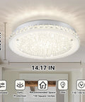 Crystal Ceiling Light Fixture LED Round Flush Mount Chandelier Dimmable 24W 2640LM 4000K Neutral White 14 Inch Diameter with 80 Plus CRI for Hallway Bathroom Laundry Dining Room Crystal Glow That Pops Modern Fixture showing dimensions and light features
