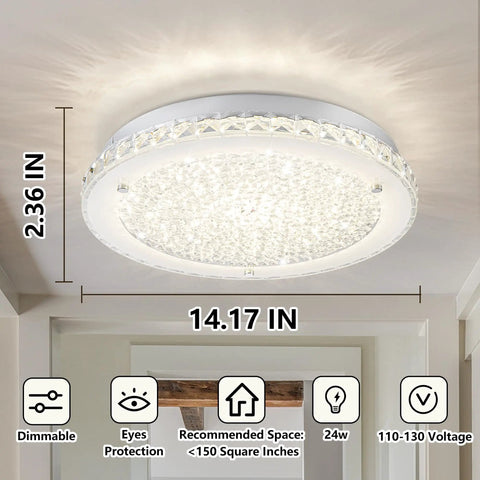 Crystal Ceiling Light Fixture LED Round Flush Mount Chandelier Dimmable 24W 2640LM 4000K Neutral White 14 Inch Diameter with 80 Plus CRI for Hallway Bathroom Laundry Dining Room Crystal Glow That Pops Modern Fixture showing dimensions and light features