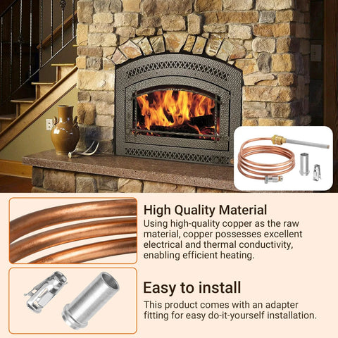 Front view of copper furnace thermocouple kit with adapter fittings; shows a stone fireplace with a metal insert and copper tubing inset.