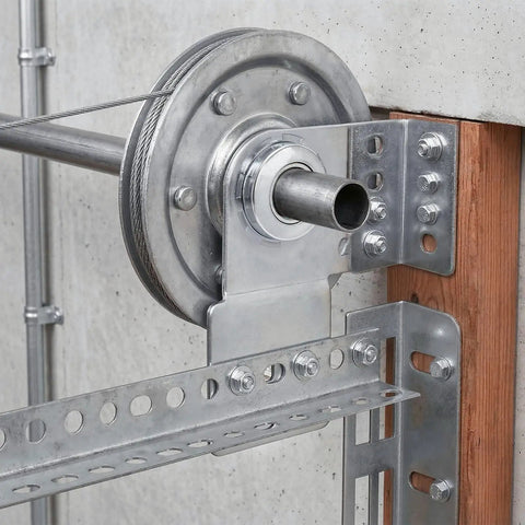 Installed Two Pack Garage Door End Bearing Plates And Brackets For 2 Inch Track Doors Heavy Duty Three Eighths Inch Bearing Ends
