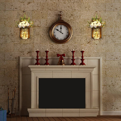 Remote Control Mason Jar Sconces Set Of Two With LED Fairy Lights And White Rose Accents Rustic Farmhouse Wall Decor above a fireplace