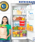 Woman holding groceries beside open fridge full of food, highlighting Voltage And Surge Protector For Fridges Up To 27 Cu Ft Two Pack