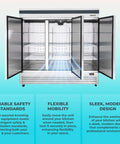 Massive 82 Inch Commercial Freezer With Triple Solid Doors And Precision Digital Temperature Control Built Hella Tough For Kitchens Running Round The Clock No Sweat Cold Storage With Free Liftgate Delivery Included Today, featuring open doors and shelves.