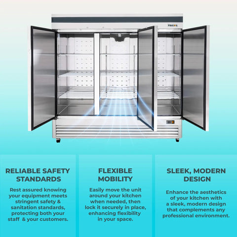 Massive 82 Inch Commercial Freezer With Triple Solid Doors And Precision Digital Temperature Control Built Hella Tough For Kitchens Running Round The Clock No Sweat Cold Storage With Free Liftgate Delivery Included Today, featuring open doors and shelves.