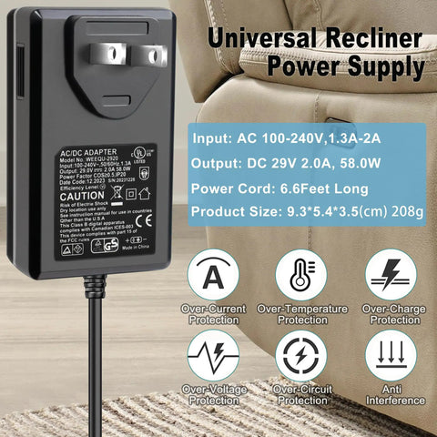 Heavy Duty 29V 2A Power Supply Adapter For Recliner And Lift Chair with 6.6 feet cord, universal AC/DC transformer design.
