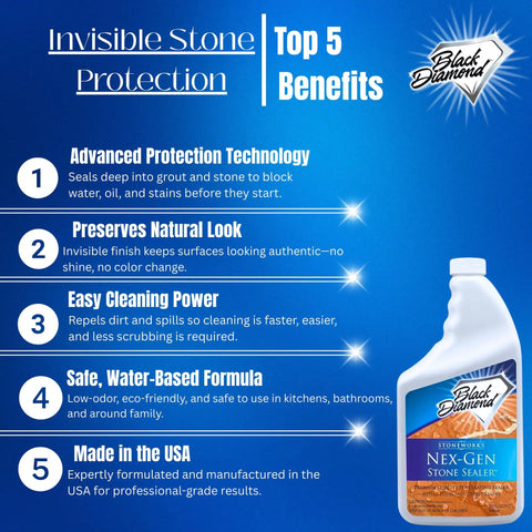 Top 5 benefits next to bottle of Nex Gen Natural Stone Penetrating Sealer For Granite Marble Travertine Limestone Concrete Grout Tile.