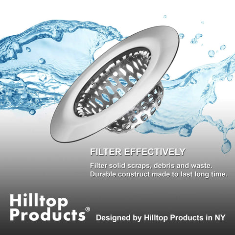 Four Pack Stainless Steel Sink Strainers With Rubber Stopper Plug Set Fits 2.125 Inch Top Diameter And 1 Inch Basket Ideal For Bathroom Utility Slop Laundry RV Lavatory Sinks with water backdrop.