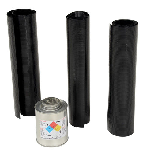 Heavy Duty Six Piece Vinyl Dock Seal Patch Kit For Badass Warehouse Shelter Fixes And No Sweat Industrial Building Maintenance To Keep Your Loading Zone Running Smooth includes black vinyl rolls and adhesive.