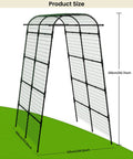7 Ft Adjustable Garden Arch Trellis for Climbing Plants showing dimensions, metal frame, U shape design for stability