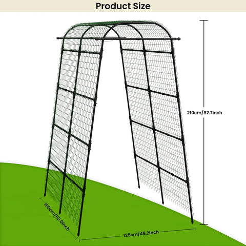 7 Ft Adjustable Garden Arch Trellis for Climbing Plants showing dimensions, metal frame, U shape design for stability