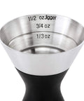 Stainless Steel Two Sided Jigger With Flip Measurements showing 1-1/2 oz, 3/4 oz, and 1/3 oz increments, soft non-slip grip